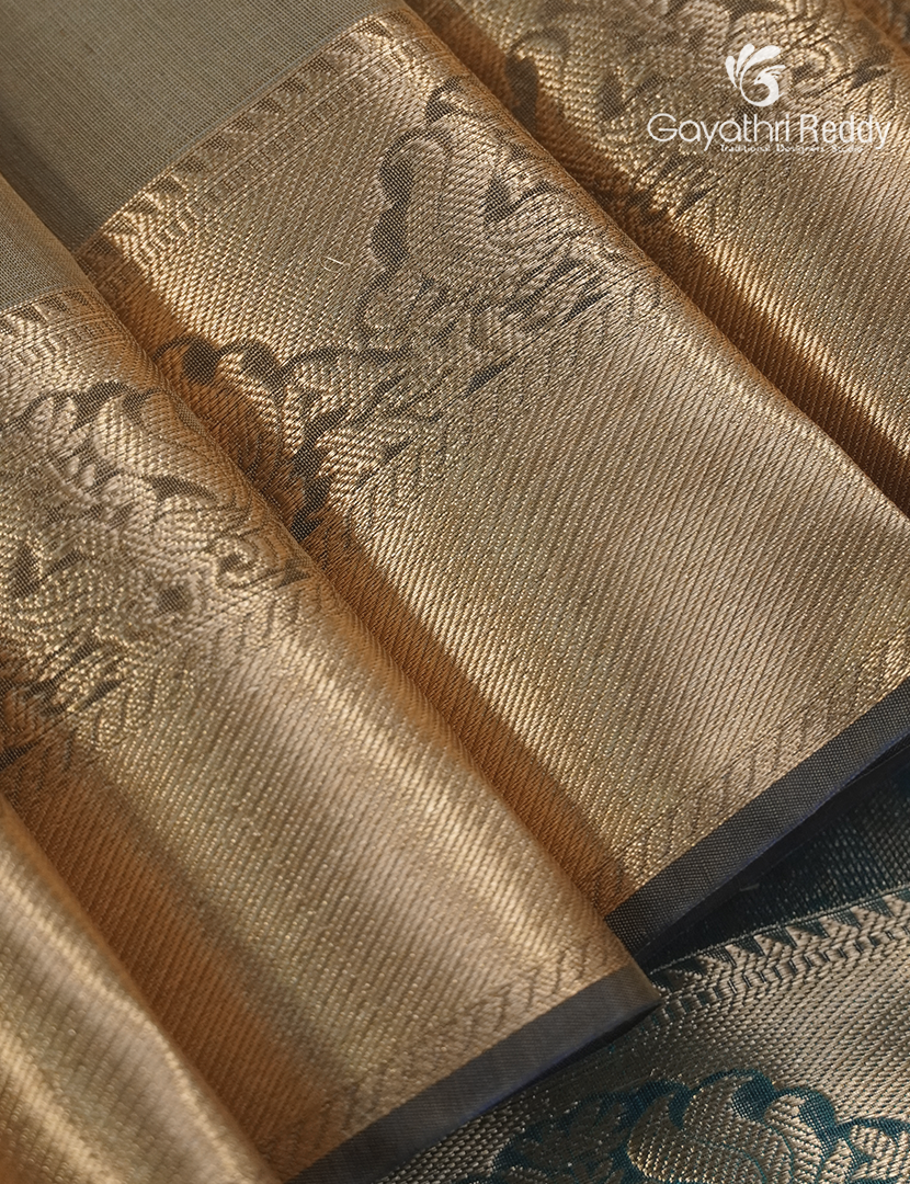 Pure Kanchipuram Sico Saree in Beige and Deep Peacock Blue