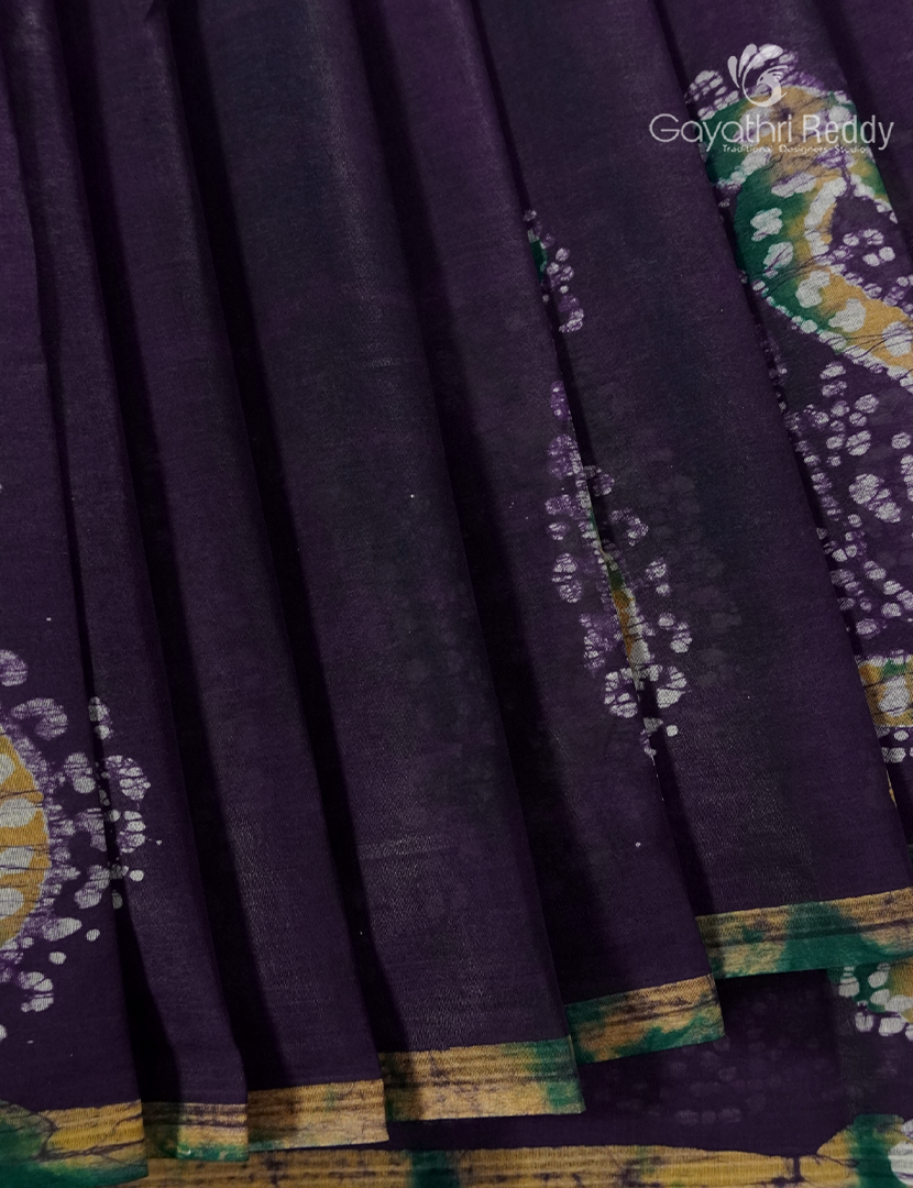 Cotton Batik Print Saree in Deep Purple