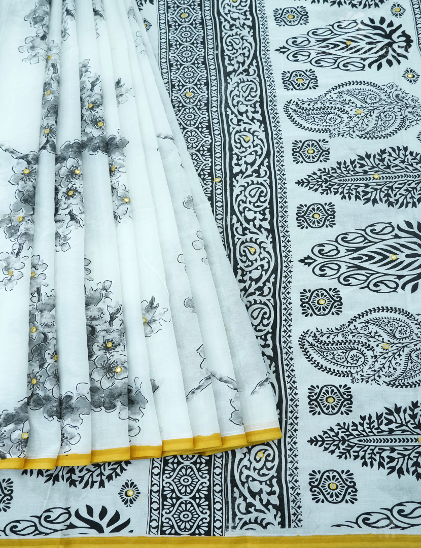 MULMUL COTTON SAREE WITH PRINT AND HANDWORK-MC1940