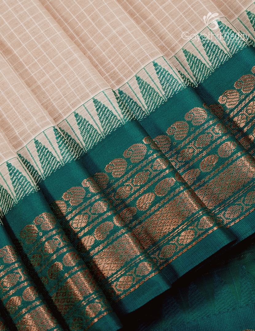 Pure Gadwal Cotton Saree in Light Beige and Deep Rama Green
