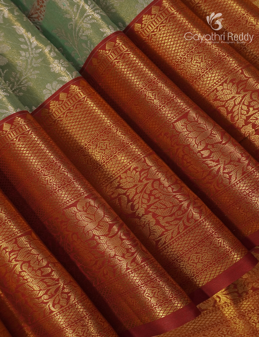Semi Kanchipuram Silk Saree in Sea Green and Red
