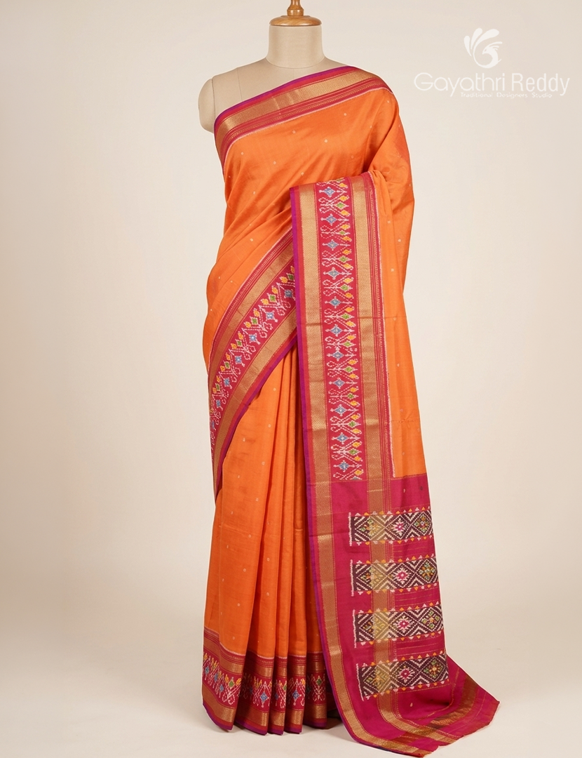Pure Ikat Silk Saree in Orange and Rani Pink