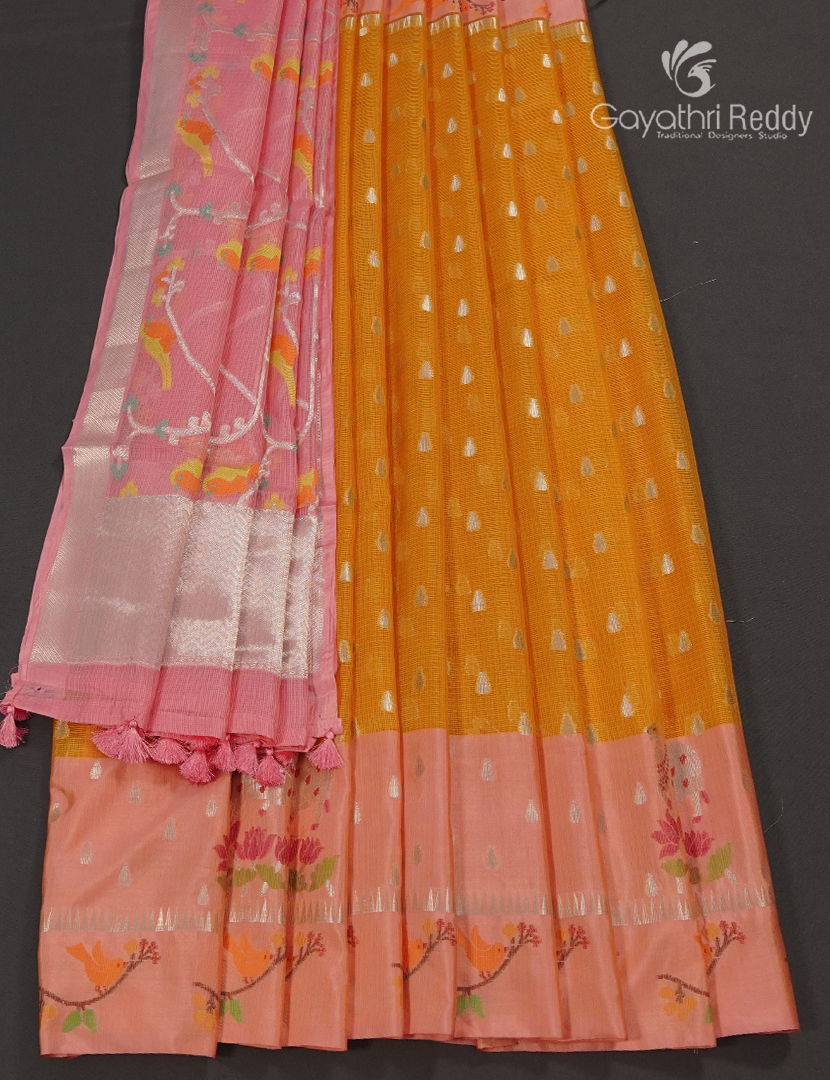 Banaras Kota Lehanga Set in Orange and Baby Pink