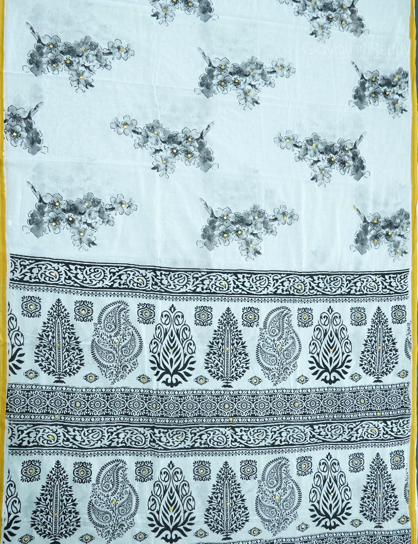 MULMUL COTTON SAREE WITH PRINT AND HANDWORK-MC1940