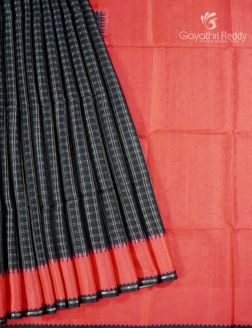 Semi Tussar Saree in Black and Tomato Red