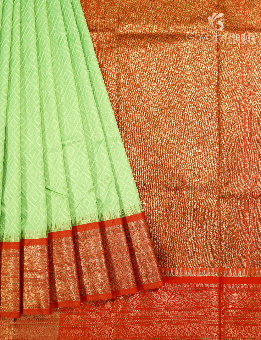 Semi Katan Silk Saree in Apple Green and Red