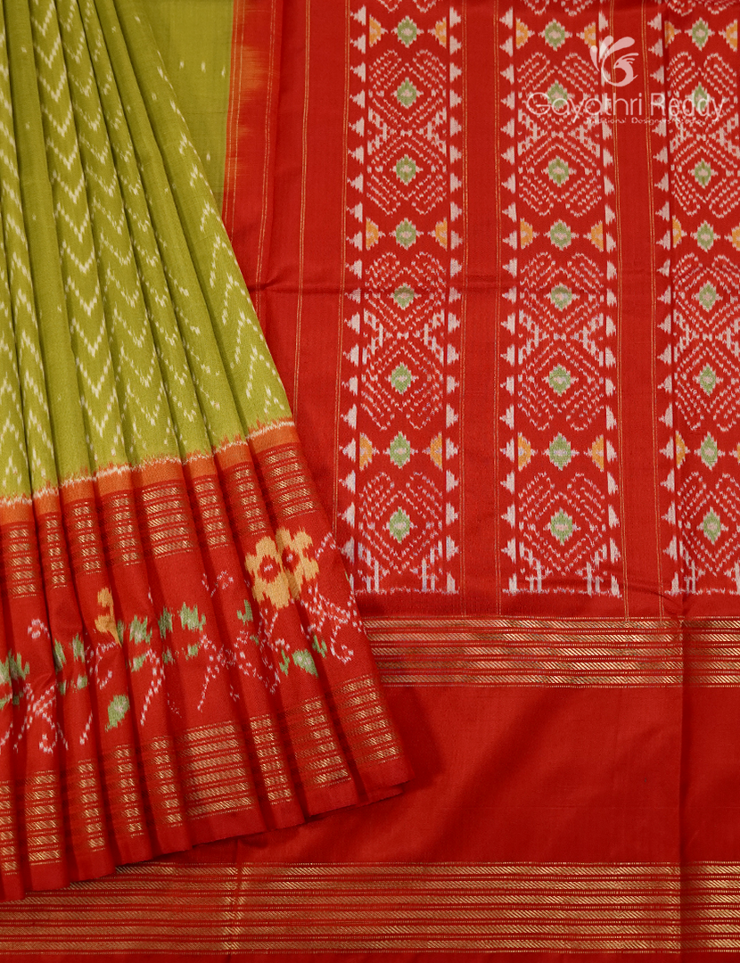 Pure Ikat Silk Saree in Henna Green and Red