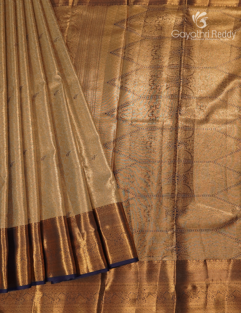 Semi Kanchipuram Silk Saree in Antique Gold and Navy Blue