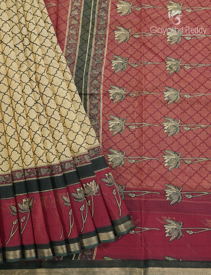 Premium Quality Cotton Kota Saree in Beige and Deep Pink