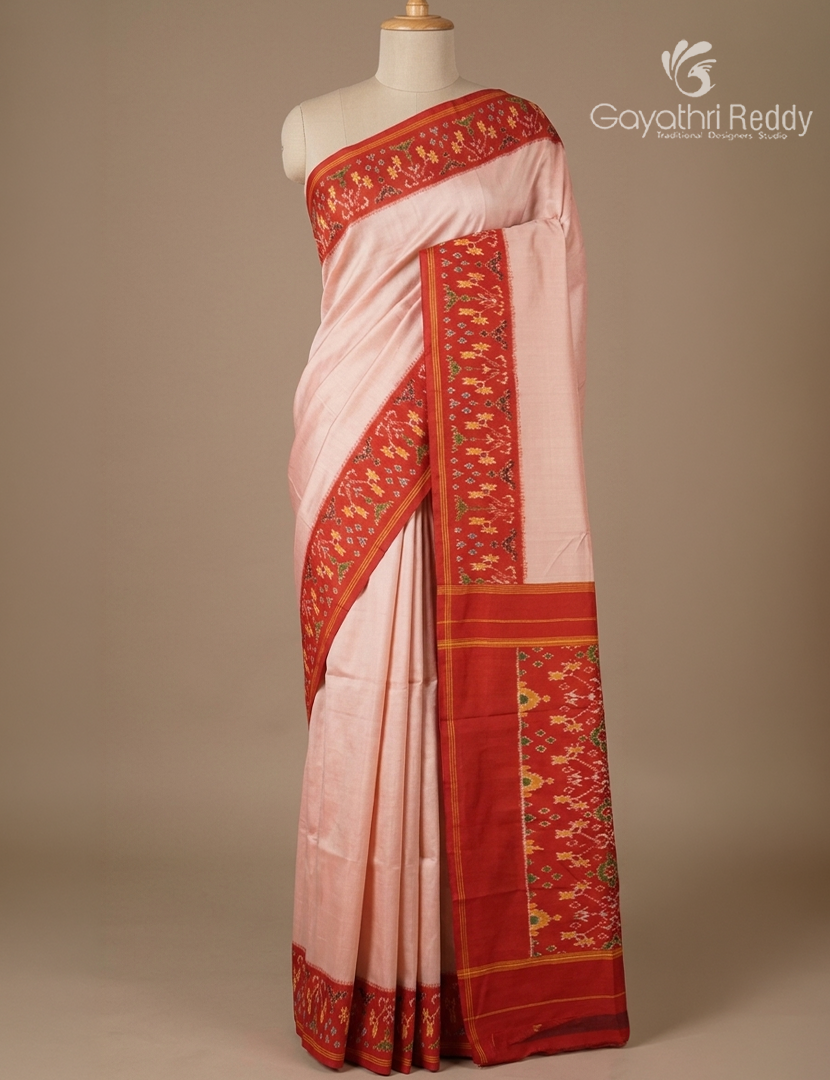 Pure Ikat Silk Saree in Peach and Red