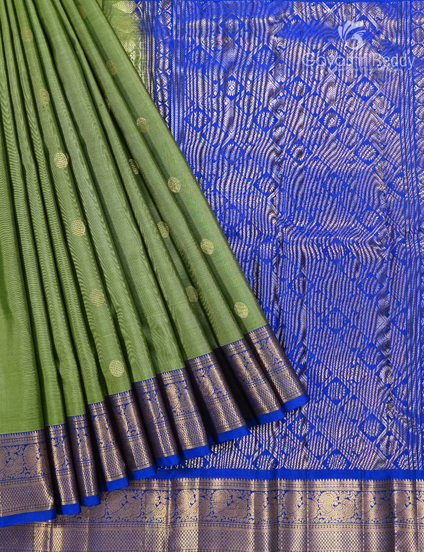 Pure Kanchipuram Silk Saree in Olive Green and Royal Blue(Medium Borders )-KP8774