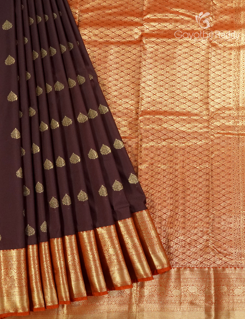 Semi Kanchipuram Silk Saree in Deep Brown and Orange