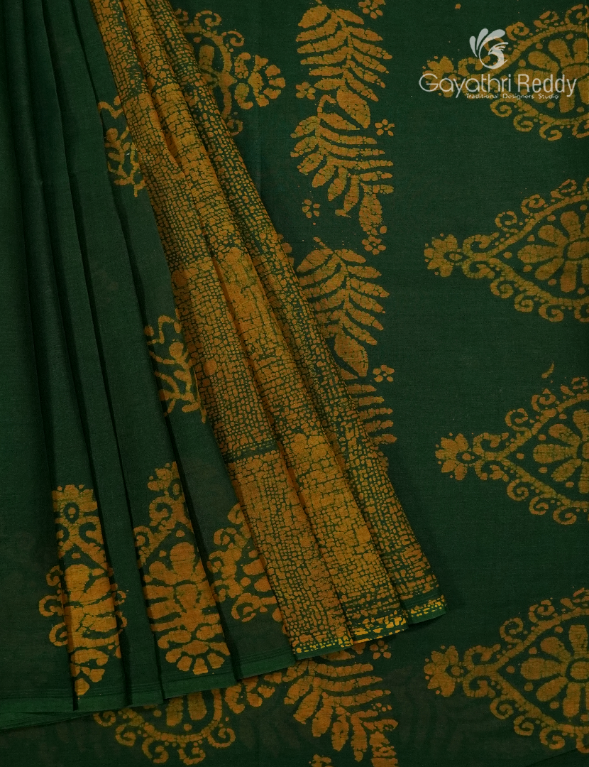 Cotton Batik Print Saree in Bottle Green and Mustard