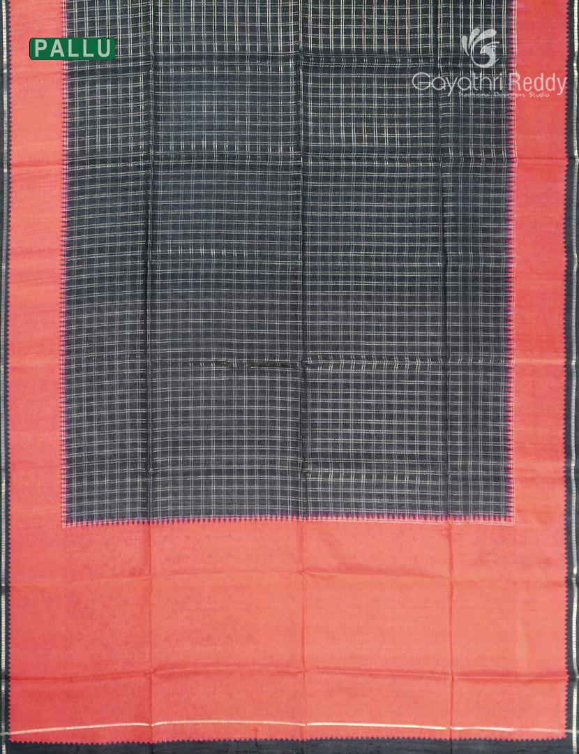 Semi Tussar Saree in Black and Tomato Red