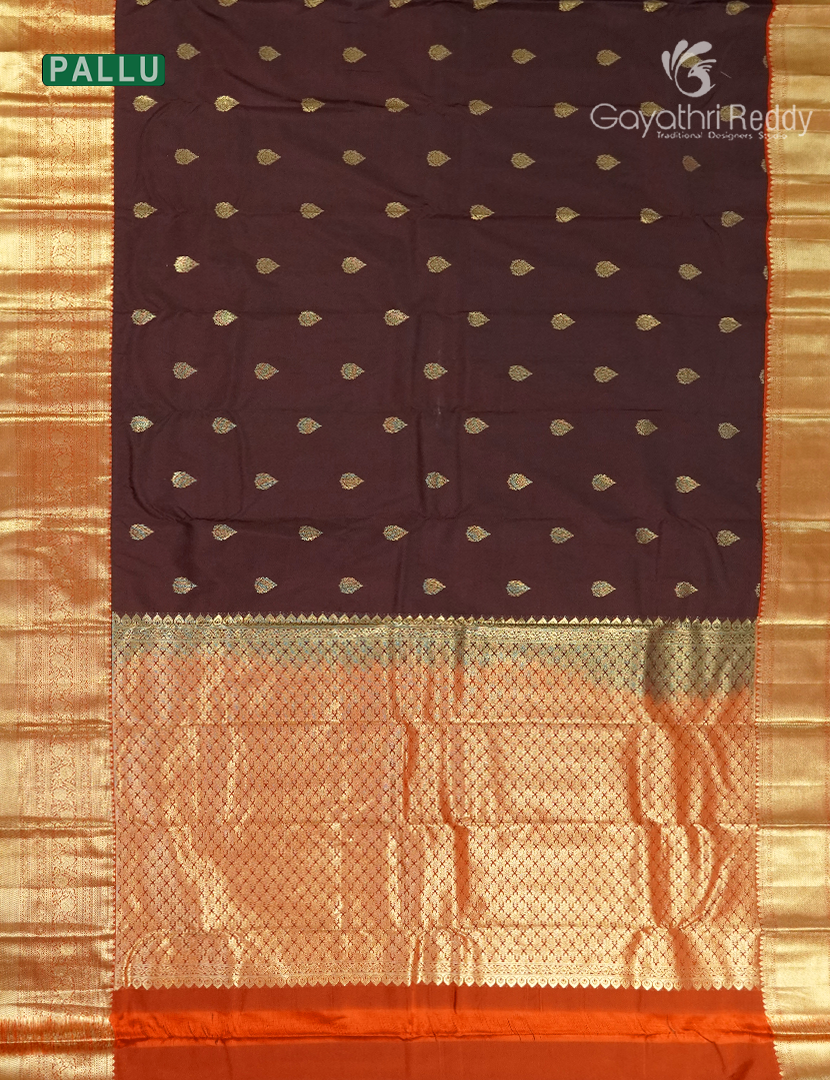 Semi Kanchipuram Silk Saree in Deep Brown and Orange
