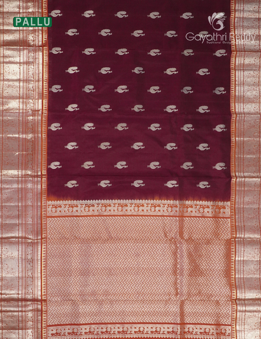 Pure Venkatagiri Silk Saree in Deep Maroon and Burnt Orange
