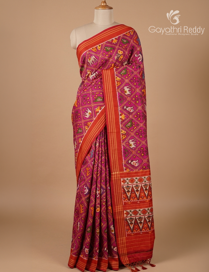 Pure Ikat Silk Saree in Purple and Rani Pink