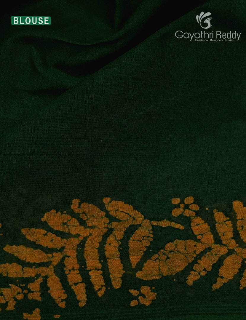 Cotton Batik Print Saree in Bottle Green and Mustard