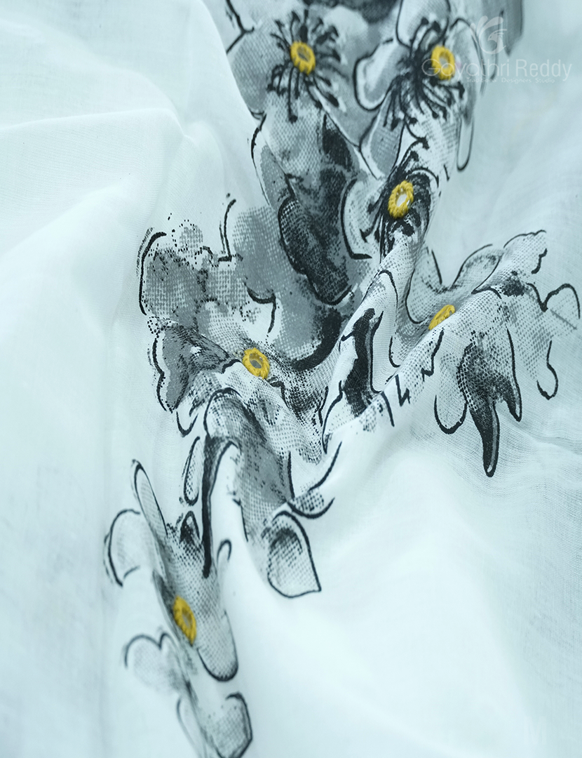 MULMUL COTTON SAREE WITH PRINT AND HANDWORK-MC1940