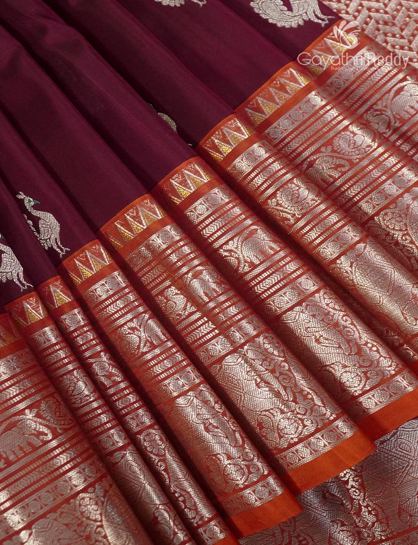 Pure Venkatagiri Silk Saree in Deep Maroon and Burnt Orange