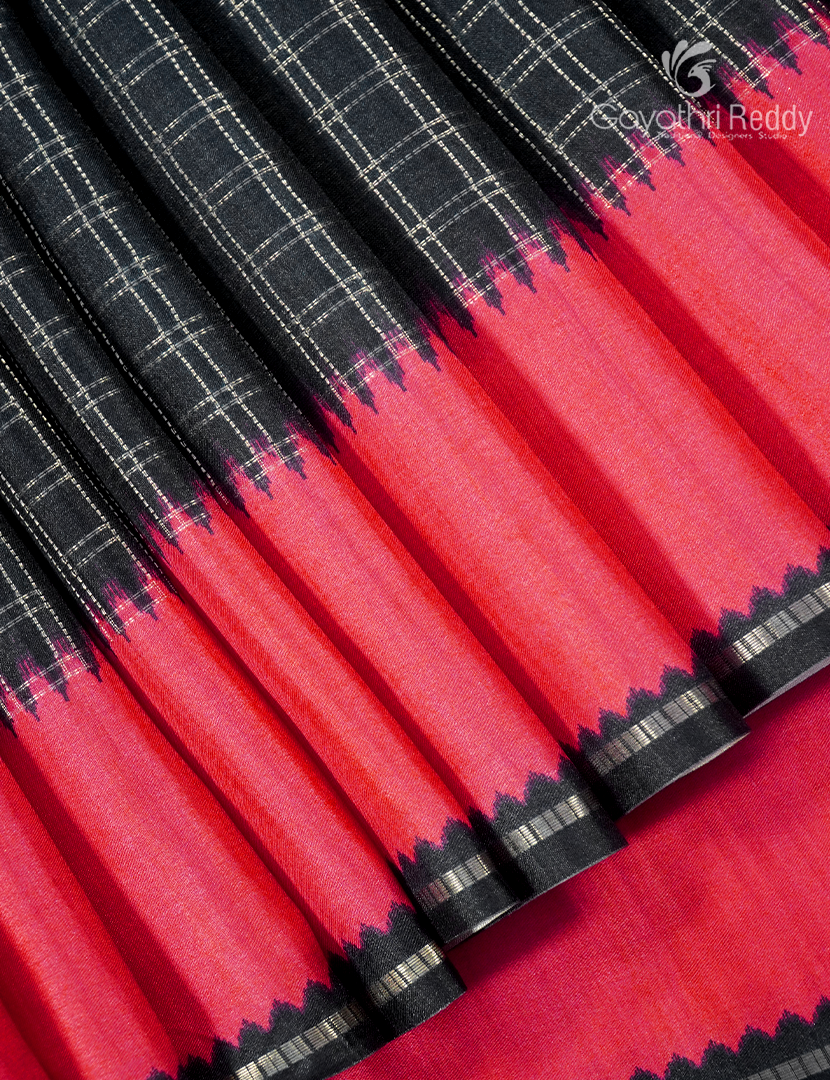 Semi Tussar Saree in Black and Tomato Red