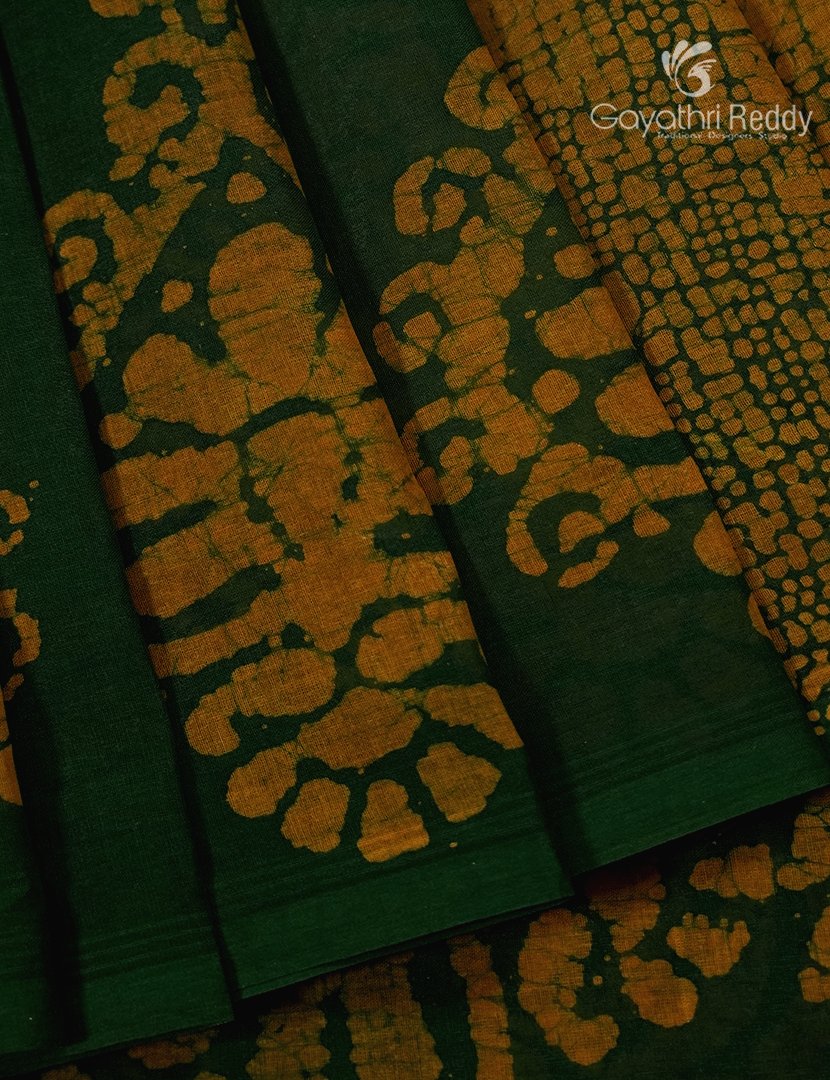 Cotton Batik Print Saree in Bottle Green and Mustard