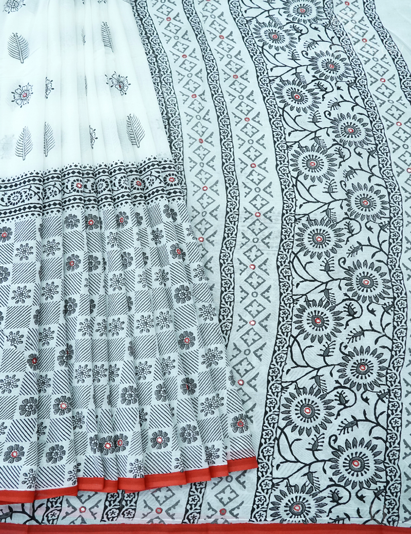MULMUL COTTON SAREE WITH PRINT AND HANDWORK-MC1941