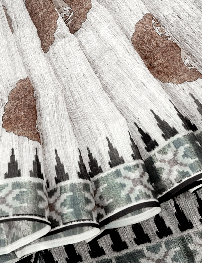 Linen Silk Saree in Cream and Black