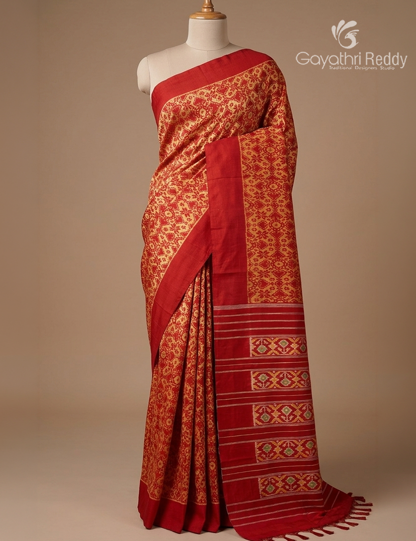 Pure Ikat Silk Saree in Rust Red