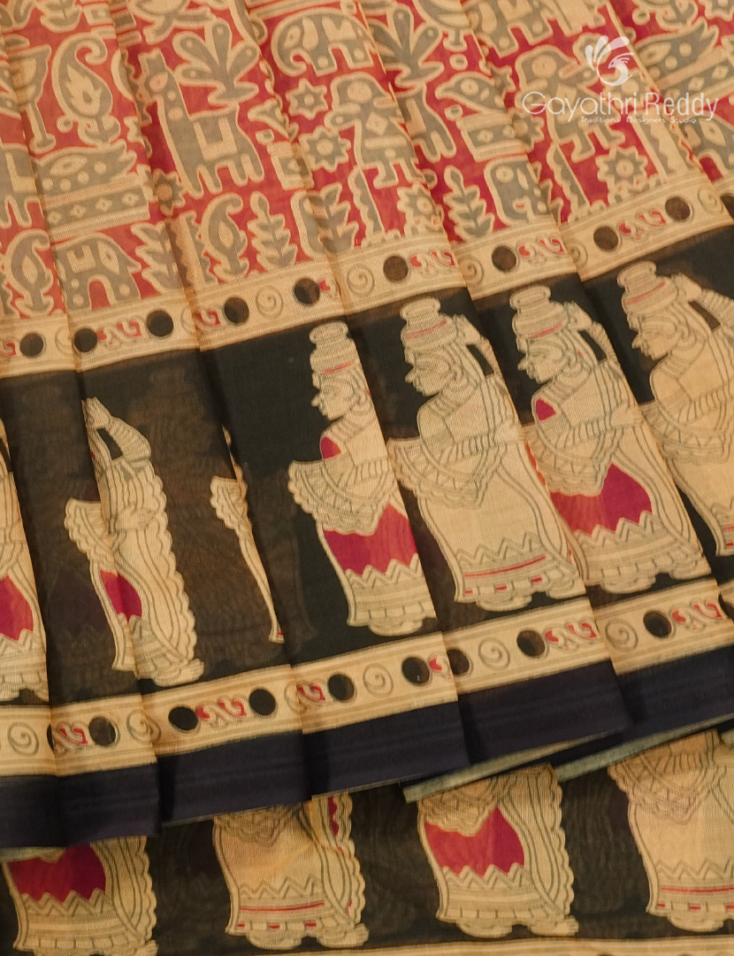 Pure MulMul Cotton Saree in Beige and Red