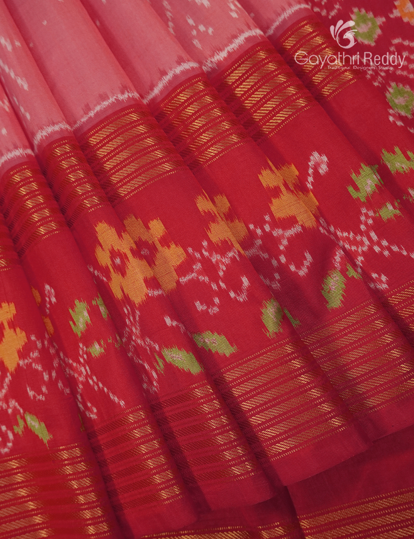 Pure Ikat Silk Saree in Baby Pink and Rani Pink