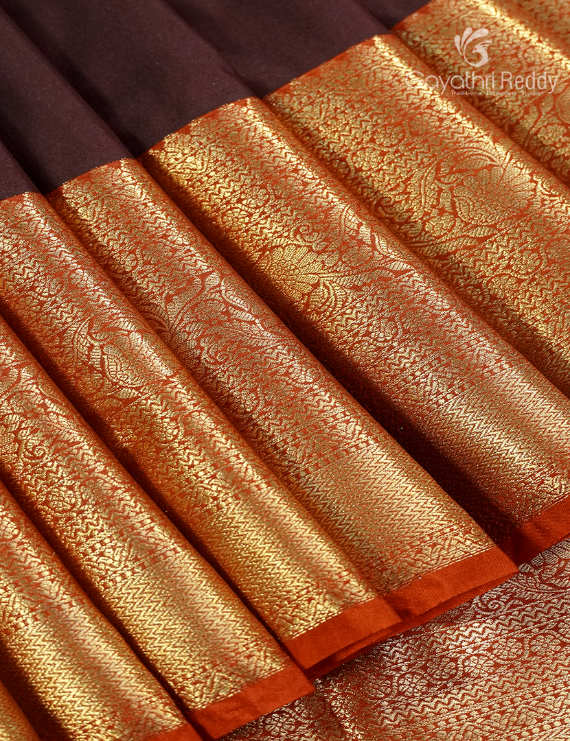 Semi Kanchipuram Silk Saree in Deep Brown and Orange