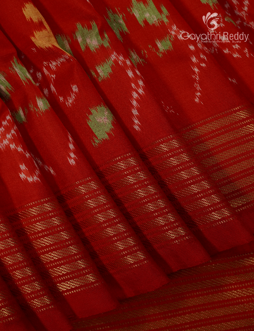 Pure Ikat Silk Saree in Henna Green and Red