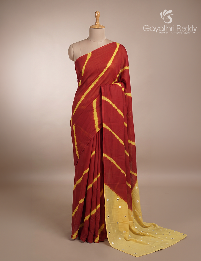 Pure MulMul Cotton Saree in Rust Maroon and Lime Yellow
