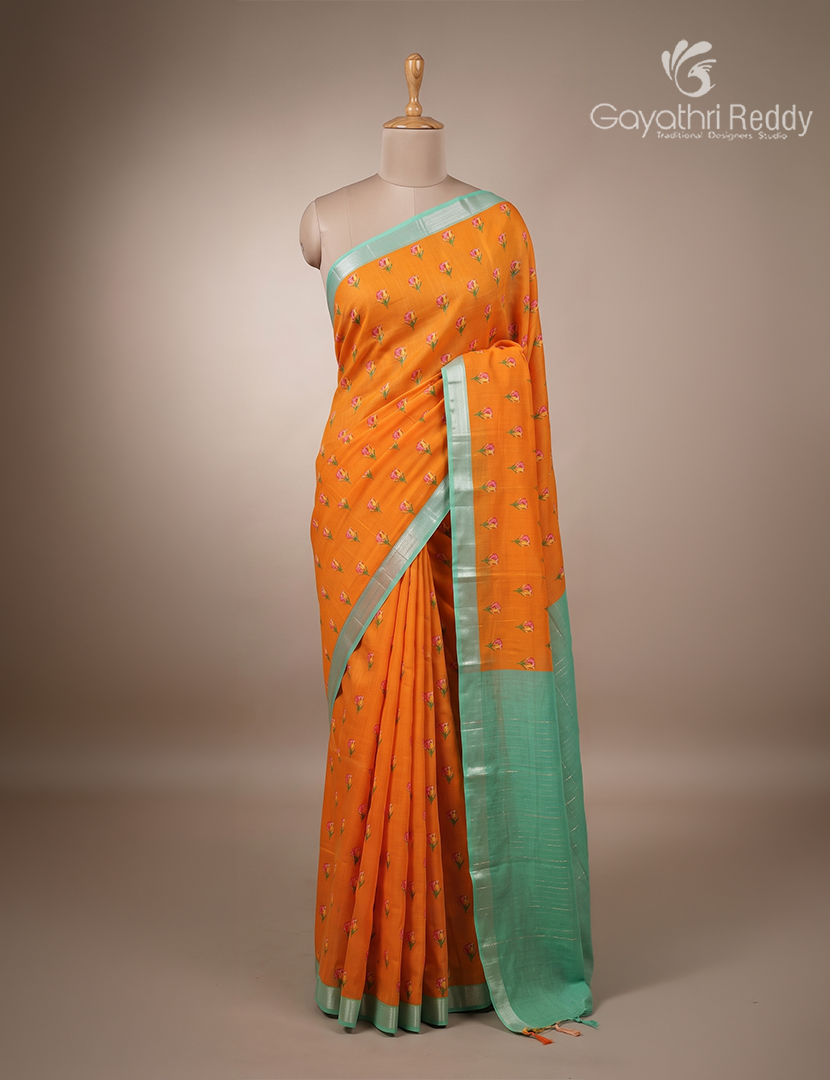 Mangalagiri Pattu Saree in Orange and Sea Foam Green