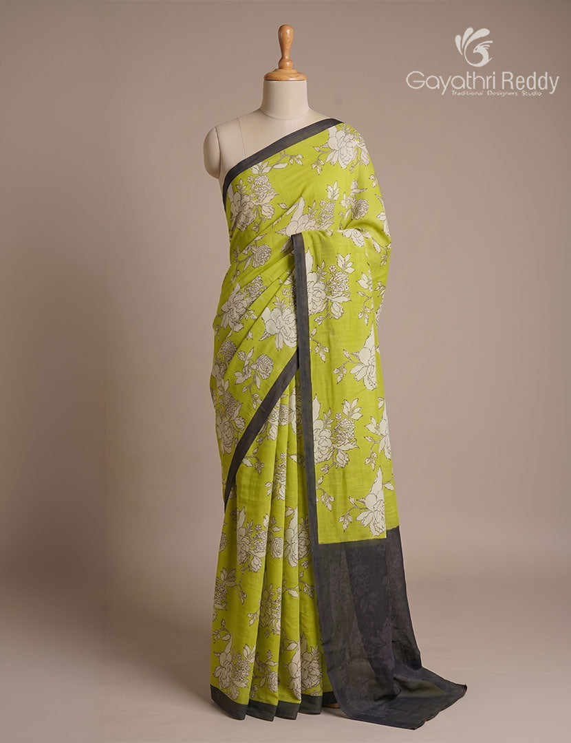 Pure MulMul Cotton Saree in Henna Green and Black
