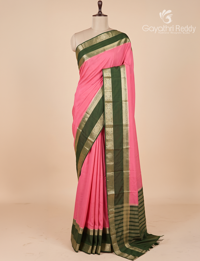 Semi Mysore Crepe Saree in Blush Pink and Deep Olive Green