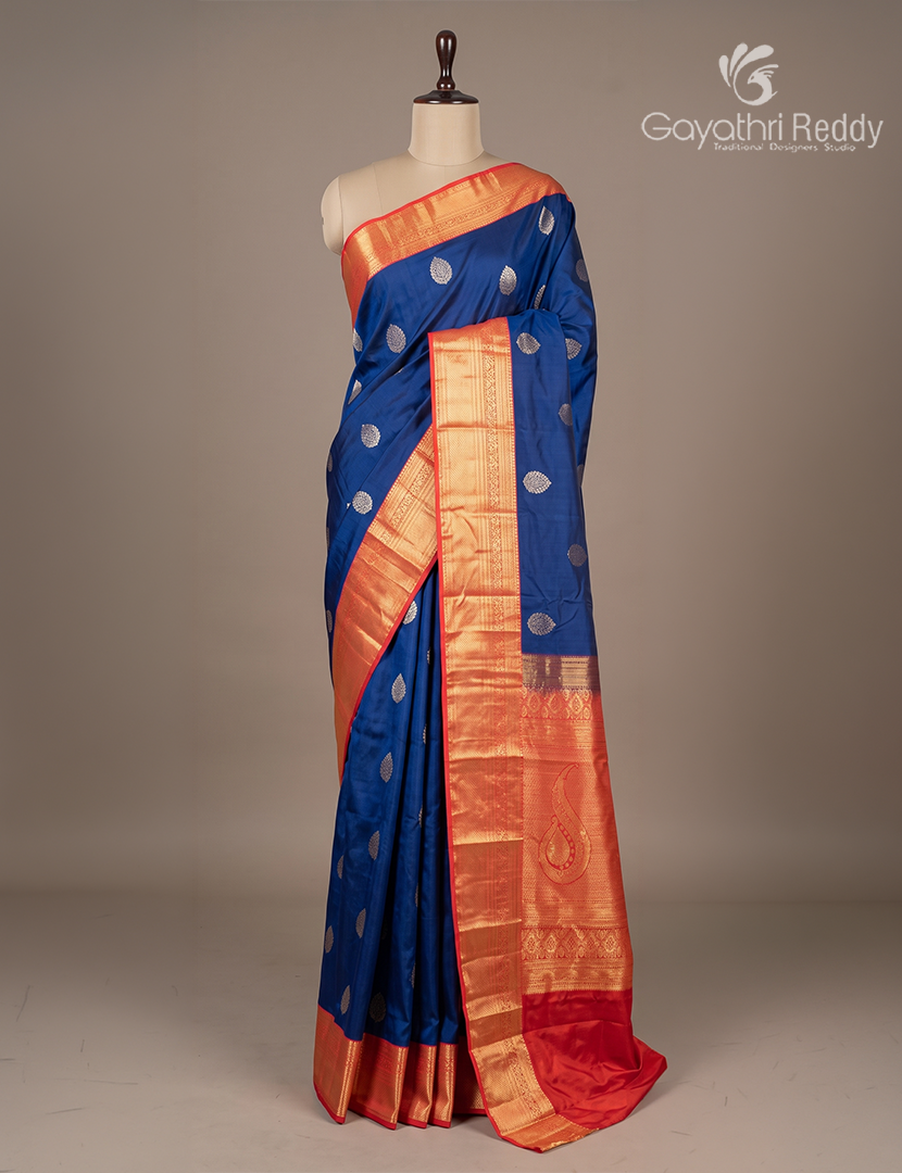 Semi Kanchipuram Silk Saree in Deep Peacock Blue and Cherry Red