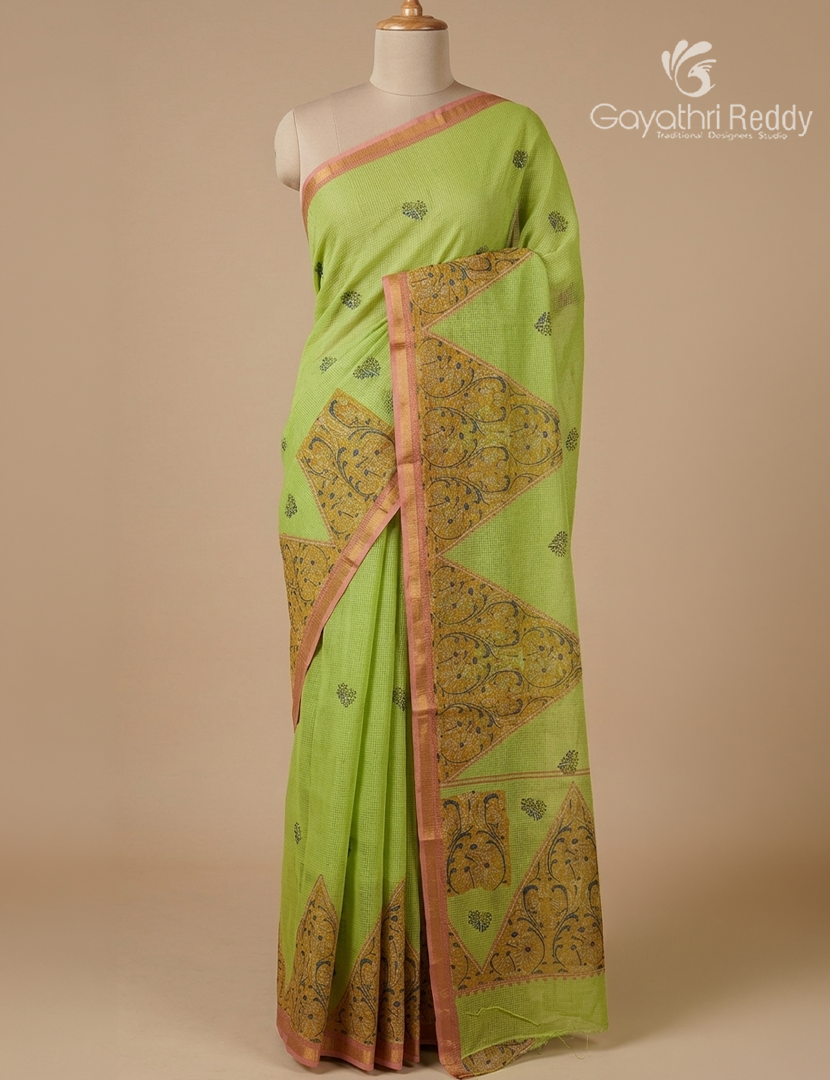 Premium Quality Cotton Kota Saree in Apple Green and Peach