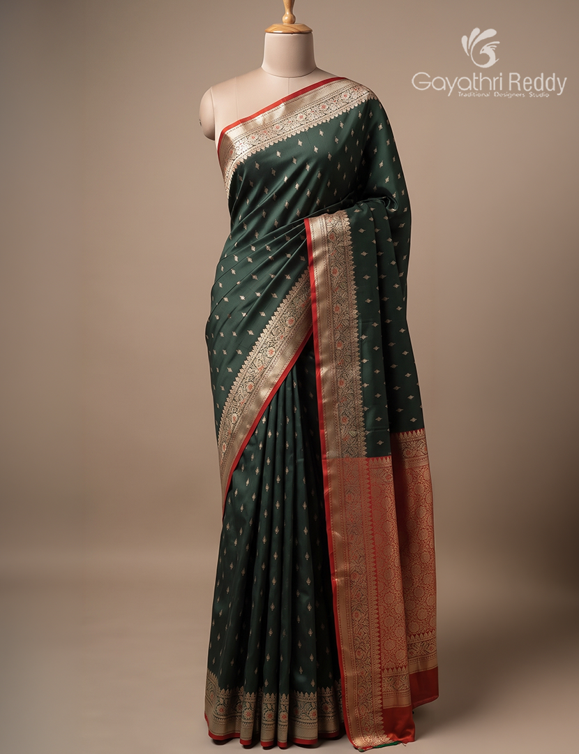 Semi Banaras Katan Silk Saree in Bottle Green and Red