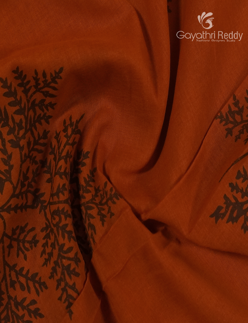 Pure MulMul Cotton Saree in Deep Rust and Black
