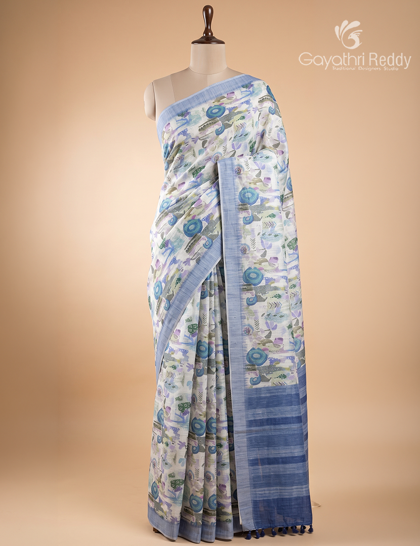 Pure Linen Saree in Cream and Denim Blue