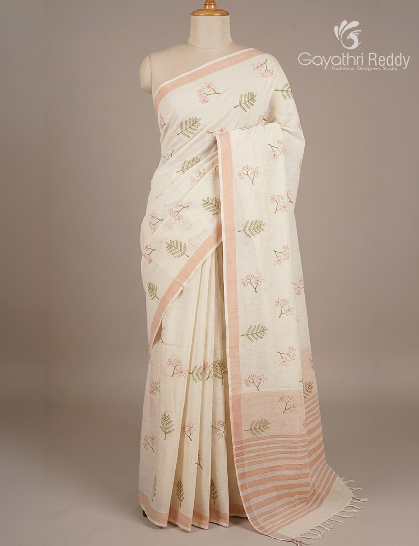 Pure Kanchi Cotton Printed Saree in Ivory and Peach