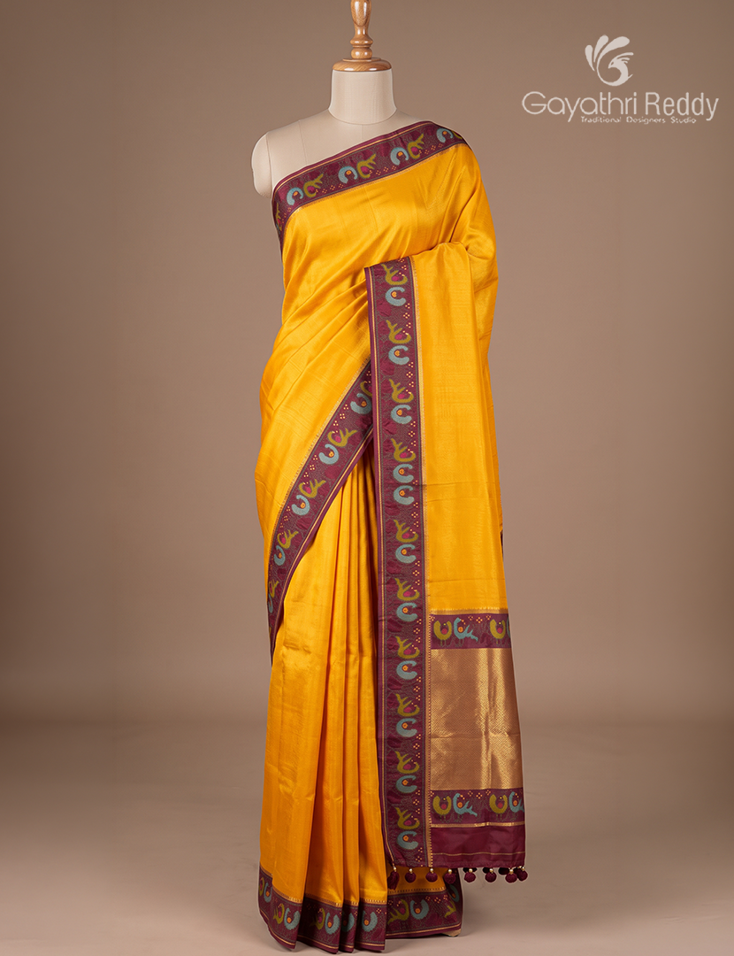 Semi Mysore Silk Saree in Golden Yellow and Deep Burgundy