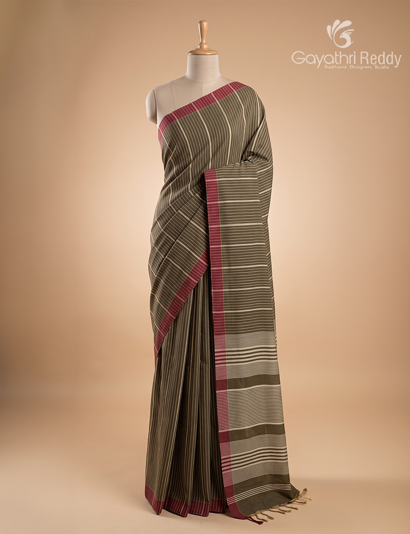 Pure Handloom Cotton Saree in Deep Olive Brown