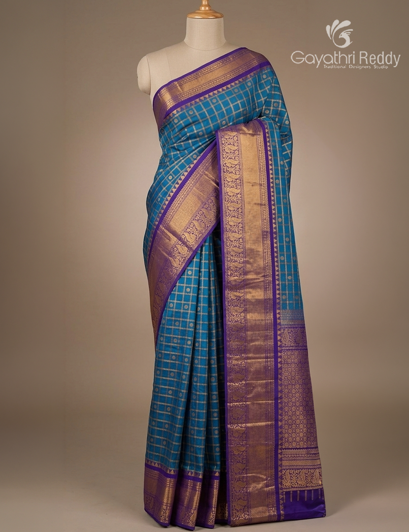 Pure Gadwal Silk Saree in Peacock Blue and Violet
