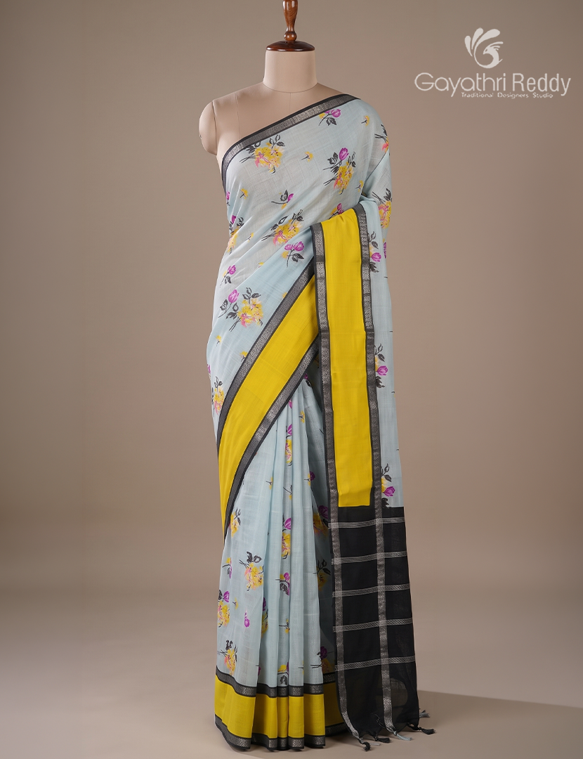 Mangalgiri Printed Saree in Pastel Grey , Yellow and Black