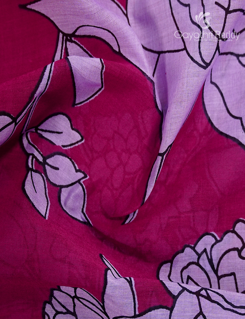 Pure MulMul Cotton Saree in Deep Magenta and Black