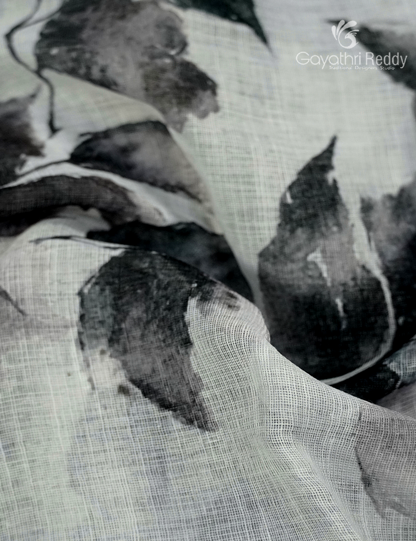 Linen Silk Saree in White and Black