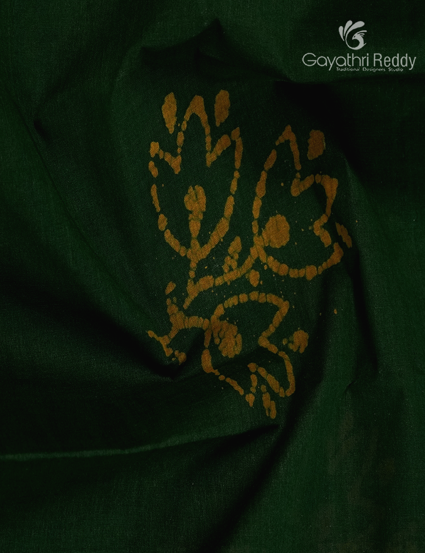 Cotton Batik Print Saree in Bottle Green and Mustard